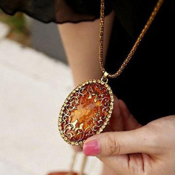 Vintage Styled Amber Hollow Long chain Sweater Pendant Necklace - Picture 5 of 8